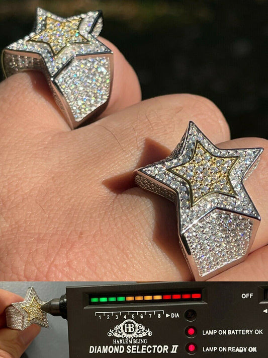 HarlemBling 14k Gold and 925 Silver Iced Hip Hop STAR Pinky RING MOISSANITE Pass Diamond Test