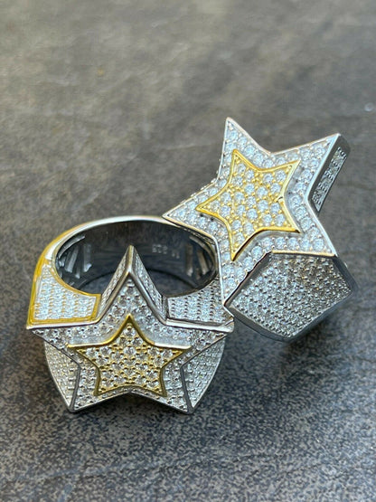 HarlemBling 14k Gold and 925 Silver Iced Hip Hop STAR Pinky RING MOISSANITE Pass Diamond Test
