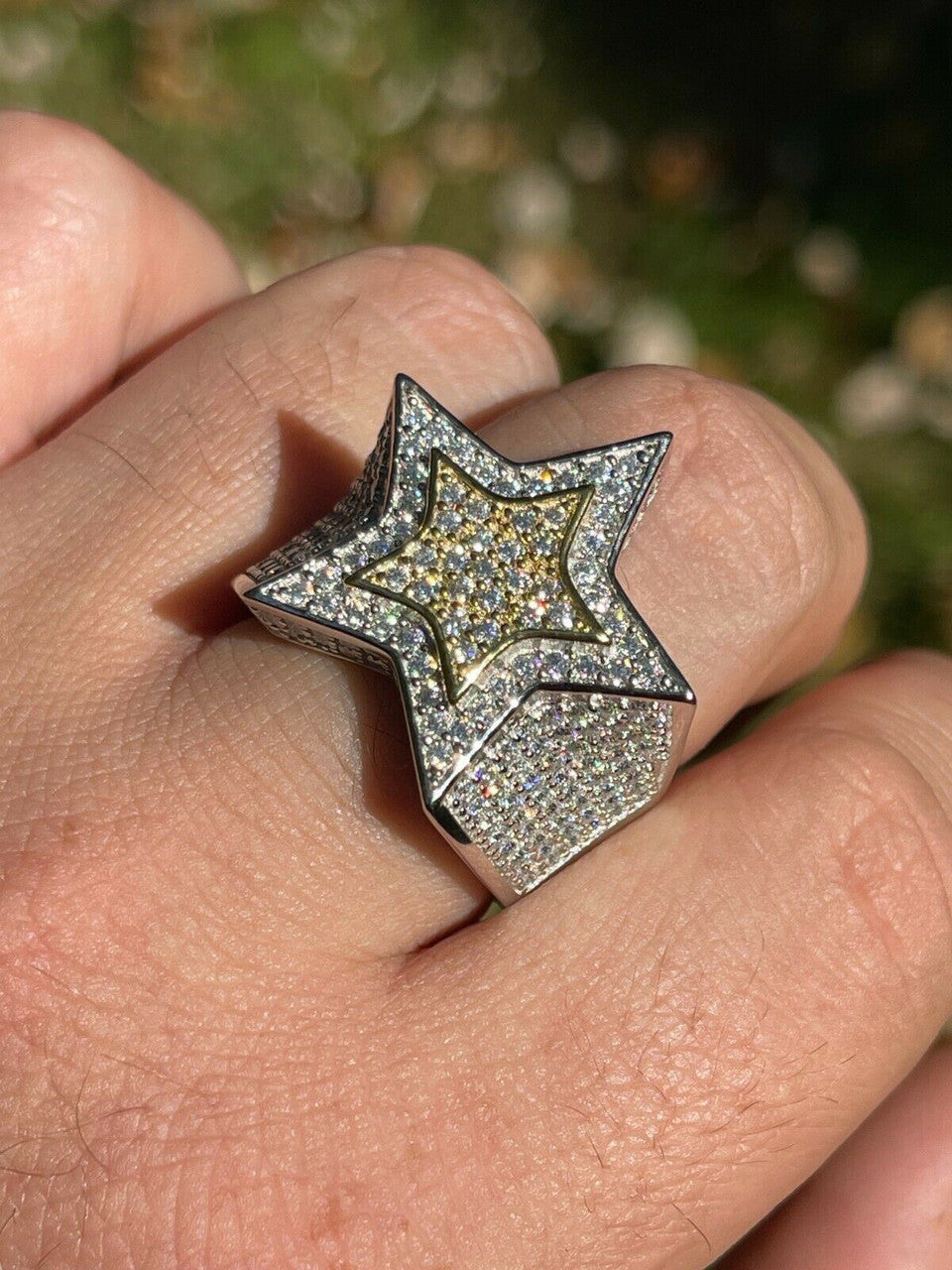 HarlemBling 14k Gold and 925 Silver Iced Hip Hop STAR Pinky RING MOISSANITE Pass Diamond Test