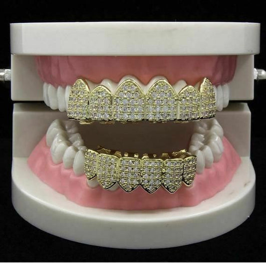 HarlemBling 14k Gold Over Real SOLID 925 Silver Diamond GRILLZ Teeth Top Bottom Hip Hop ICY