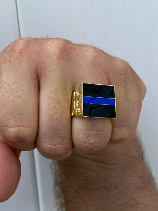 HarlemBling 14k Gold Over REAL Solid 925 Silver Ring Blue Lives Matter Thin Blue Line Police