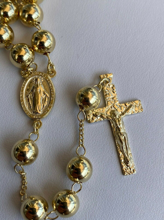 HarlemBling 14k Gold Over Solid 925 Silver Mens Rosary Beads Necklace Rosario Large Hip Hop