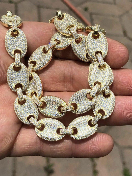 HarlemBling 14k Gold Over Solid 925 Sterling Silver Mens Gucci Link Choker Chain 18 Diamond