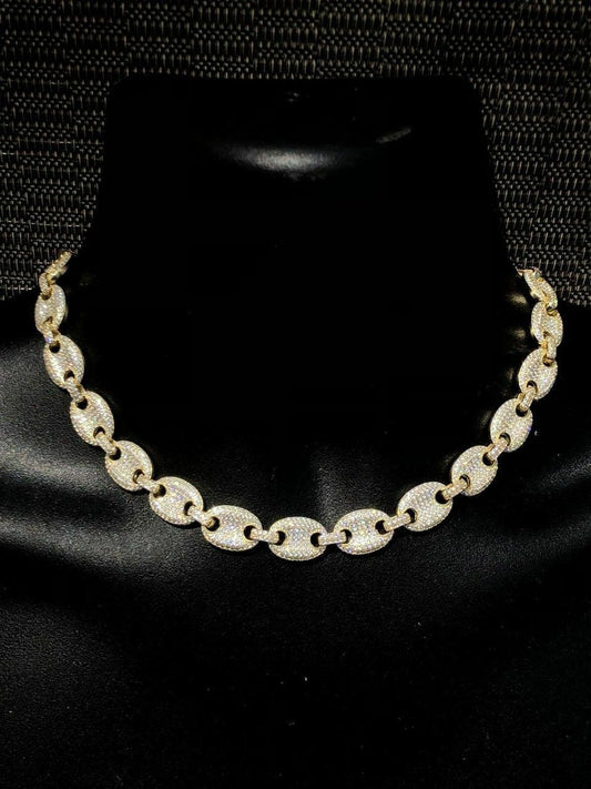 HarlemBling 14k Gold Over Solid 925 Sterling Silver Mens Gucci Link Choker Chain 18 Diamond