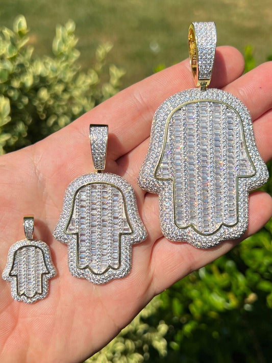 HarlemBling 14k Gold Plated 925 Silver Hand Hamsa Iced Baguette CZ Hip Hop Pendant Necklace