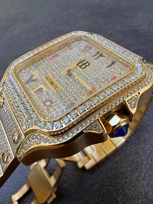 HarlemBling 14k Gold Stainless Steel Mens Watch Iced Simulated Diamond Hip Hop Arabic Dial