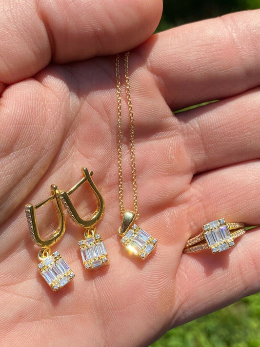 HarlemBling 14k Gold Vermeil 925 Silver Baguette Diamond Ring Necklace Earrings Jewelry Set