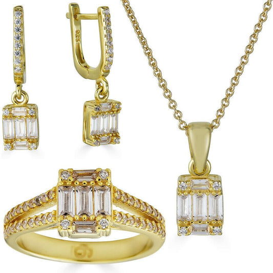HarlemBling 14k Gold Vermeil 925 Silver Baguette Diamond Ring Necklace Earrings Jewelry Set