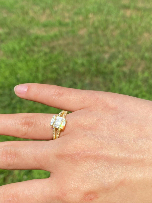 HarlemBling 14k Gold Vermeil 925 Silver Baguette Diamond Ring Necklace Earrings Jewelry Set