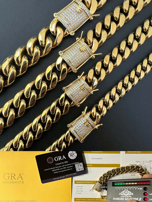 HarlemBling 14k Gold Vermeil Miami Cuban Chain Necklace Iced MOISSANITE Pass Diamond Tester
