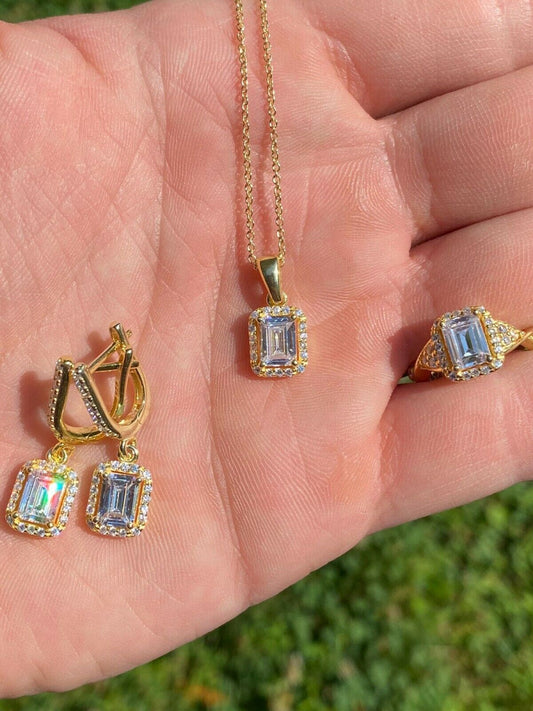 HarlemBling 14k Gold Vermeil Real 925 Silver Baguette Diamond Ring Pendant and Earrings Set