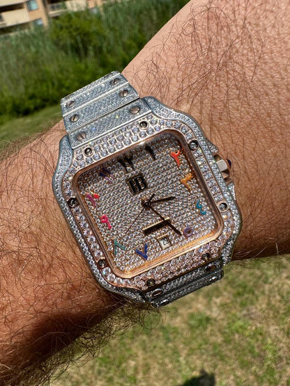 HarlemBling 14k Rose Gold & Stainless Steel Real Mens Watch Iced Diamond Hip Hop Arabic Dial