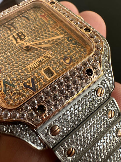 HarlemBling 14k Rose Gold & Stainless Steel Real Mens Watch Iced Diamond Hip Hop Arabic Dial