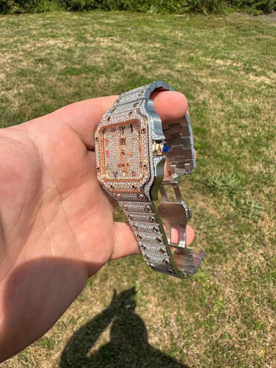 HarlemBling 14k Rose Gold & Stainless Steel Real Mens Watch Iced Diamond Hip Hop Arabic Dial