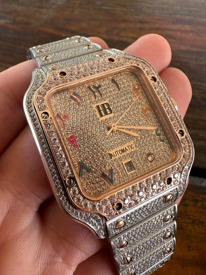 HarlemBling 14k Rose Gold & Stainless Steel Real Mens Watch Iced Diamond Hip Hop Arabic Dial