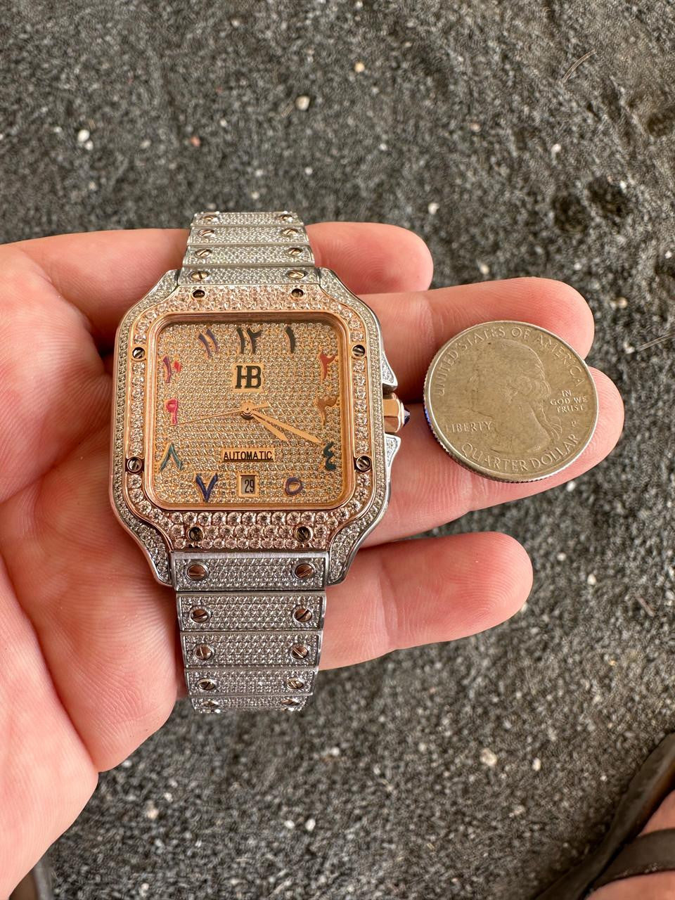 HarlemBling 14k Rose Gold & Stainless Steel Real Mens Watch Iced Diamond Hip Hop Arabic Dial