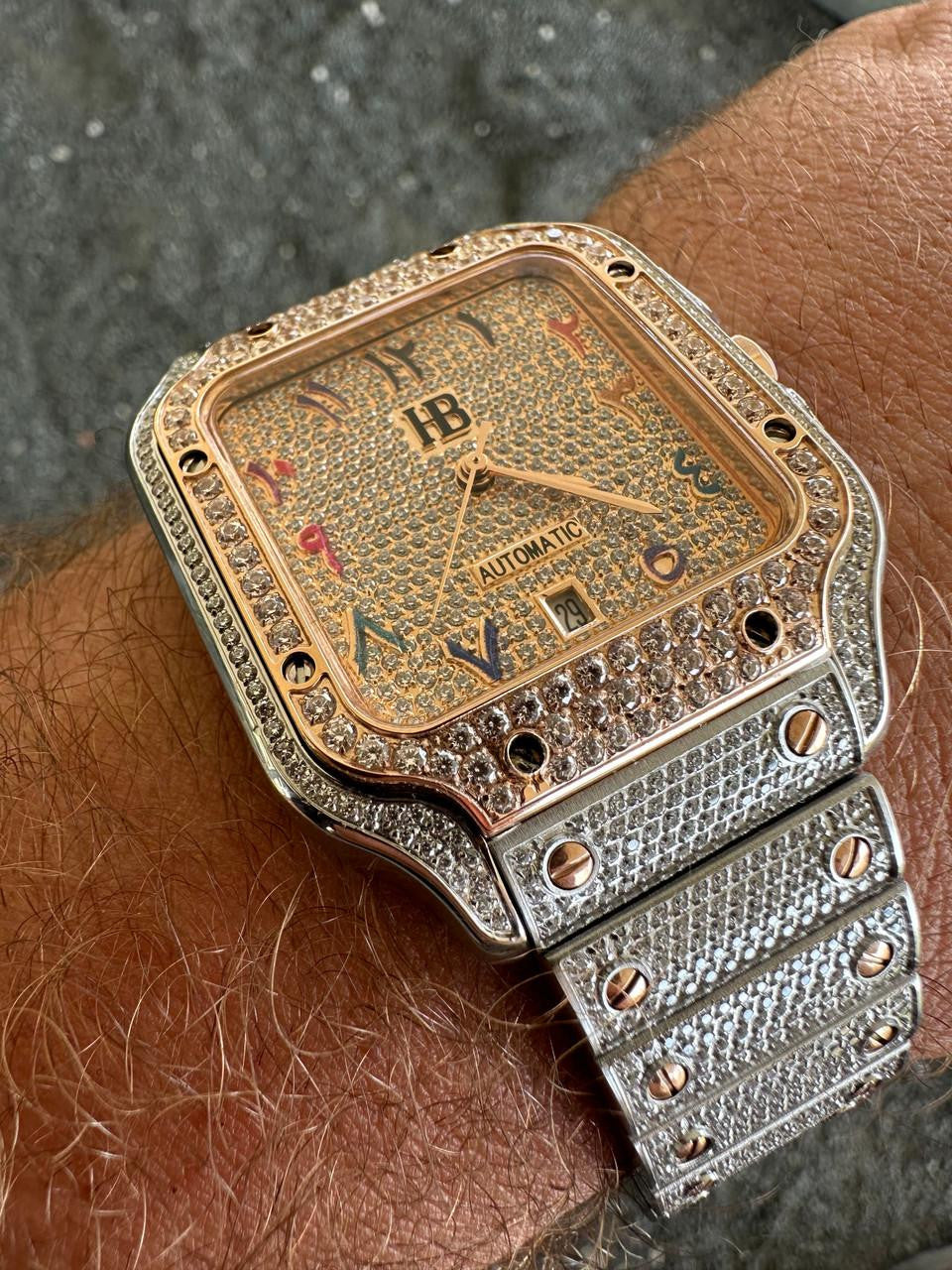 HarlemBling 14k Rose Gold & Stainless Steel Real Mens Watch Iced Diamond Hip Hop Arabic Dial