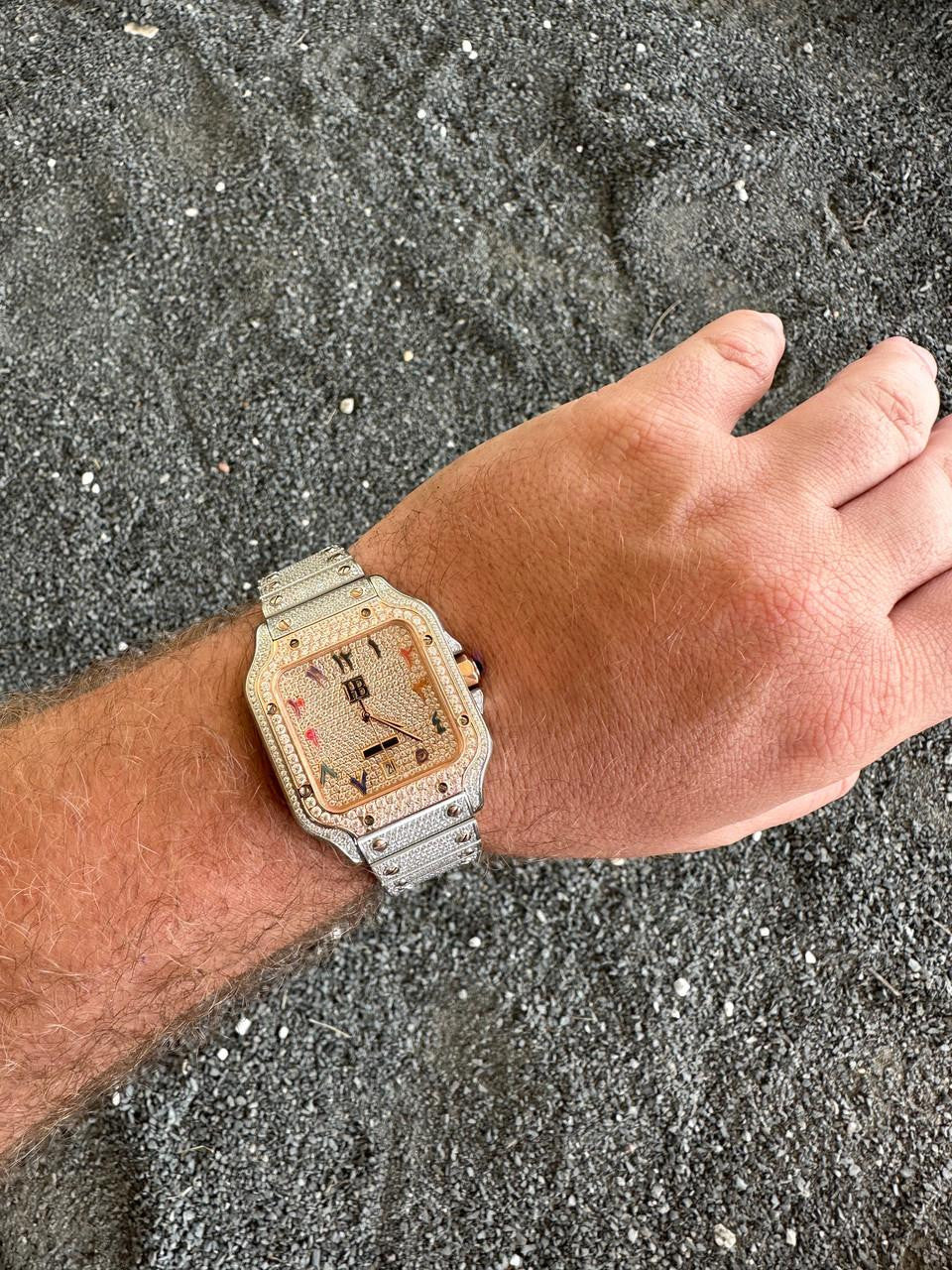 HarlemBling 14k Rose Gold & Stainless Steel Real Mens Watch Iced Diamond Hip Hop Arabic Dial