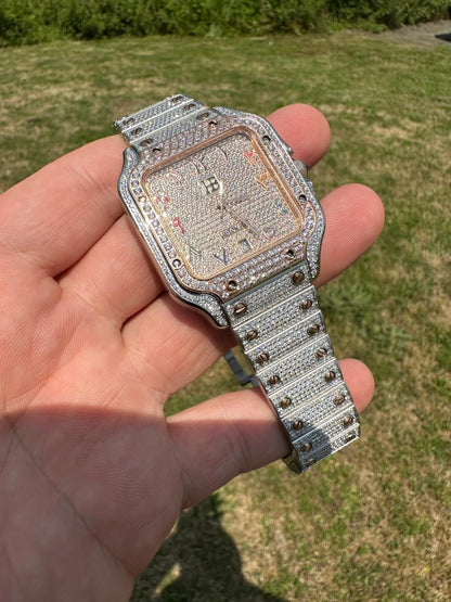 HarlemBling 14k Rose Gold & Stainless Steel Real Mens Watch Iced Diamond Hip Hop Arabic Dial