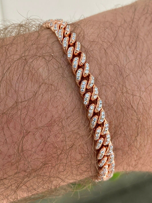 HarlemBling 14k Rose Gold Over 925 Sterling Silver 6mm Iced Miami Cuban Bracelet Men Ladies