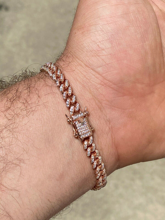 HarlemBling 14k Rose Gold Over 925 Sterling Silver 6mm Iced Miami Cuban Bracelet Men Ladies