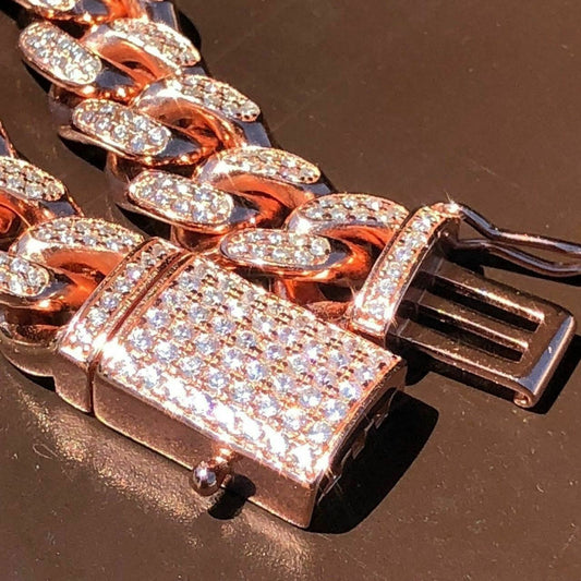 HarlemBling 14k Rose Gold Over Solid 925 Silver Mens Miami Cuban Link Chain 10mm Rapper ICY