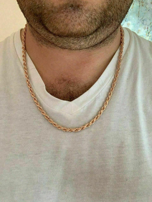 HarlemBling 14k Rose Gold Over Solid 925 Sterling Silver Mens Rope Chain Heavy 5mm ITALY