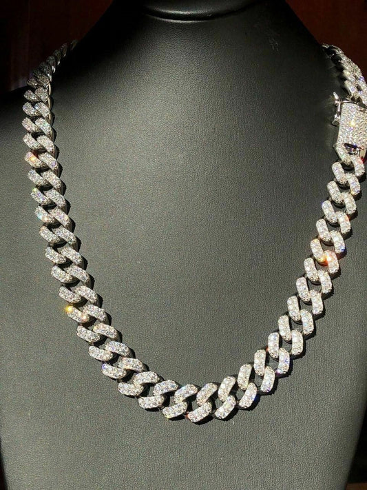 HarlemBling 15mm Mens Miami Silver Diamond Cuban Link Chain Real Solid 925 Sterling Silver