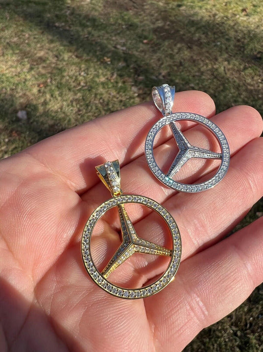 HarlemBling 1ct MOISSANITE 925 Silver/Gold Plated Iced Mercedes Benz Logo Pendant Necklace