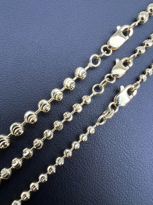 HarlemBling 2.5mm-4mm Men's Real Solid 14k Yellow Gold Moon Cut Beaded Ball Chain Necklace