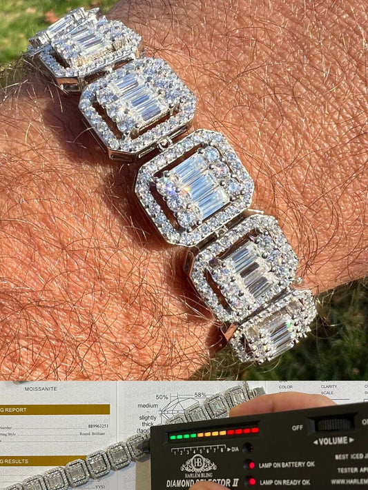 HarlemBling 25ct Baguette MOISSANITE Real 925 Silver 15mm Square Bracelet Pass Diamond Test