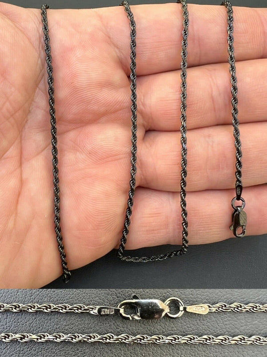 HarlemBling 2mm Rope Chain Necklace Oxidized Black Rhodium Real 925 Sterling Silver 16-30