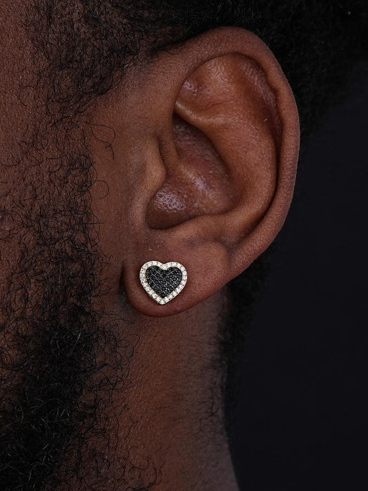 HarlemBling 3D Heart Classic Iced Out Earrings - 14k Gold Vermeil 925 Silver - Black CZ Stones - 10.5mm
