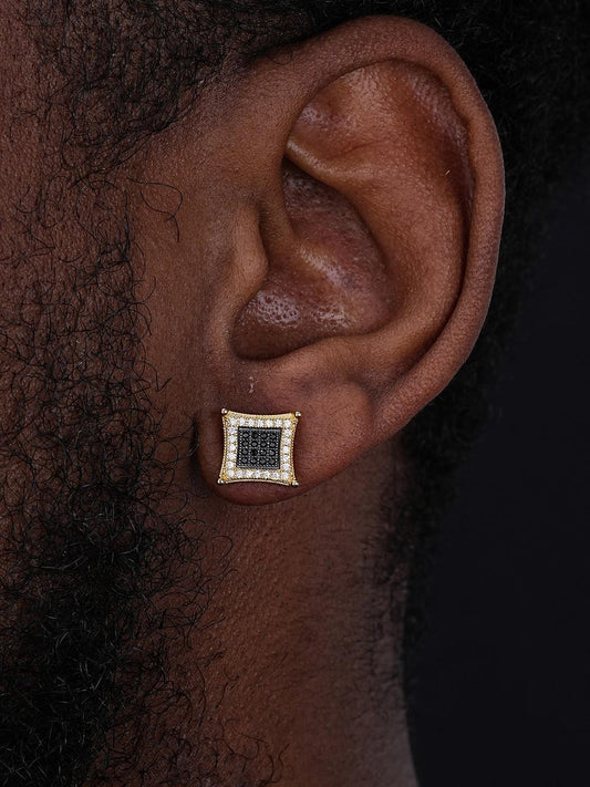 HarlemBling 3D Kite Classic Iced Out Earrings - 14k Gold Vermeil 925 Silver - Black CZ Stones - 11.5mm