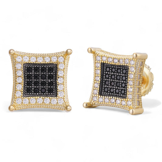 HarlemBling 3D Kite Classic Iced Out Earrings - 14k Gold Vermeil 925 Silver - Black CZ Stones - 11.5mm