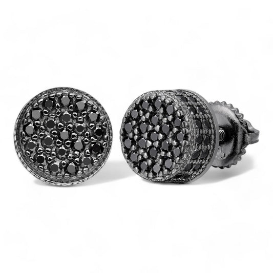 HarlemBling 3D Round Iced Out Earrings - Black Rhodium Over 925 Silver - Black CZ Stones - 8.5mm