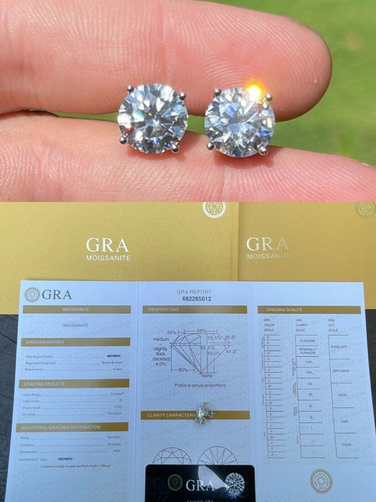 HarlemBling 4ct TW Moissanite Screw Back Solitaire Stud Earrings - GRA Certified D VVS1 8mm