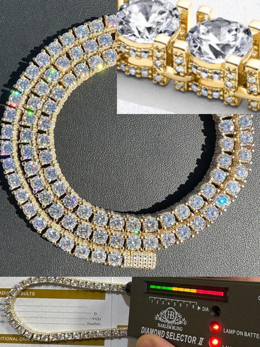 HarlemBling 5mm MOISSANITE Tennis Chain Necklace 14k Gold Over 925 - Stones On All Sides