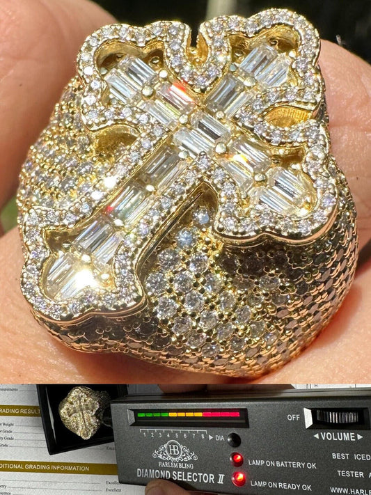 HarlemBling 6.5ct MOISSANITE Iced Real Baguette Cross Shaped Ring 14k Gold Over 925 Silver