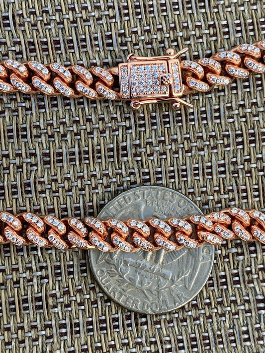 HarlemBling 6mm Miami Cuban Iced Rose Gold Over 925 Silver Chain Necklace 16-30 Mens Ladies