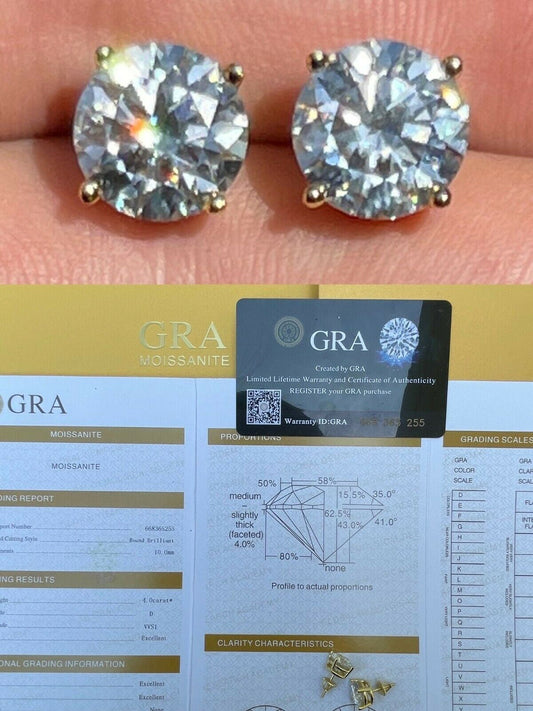 HarlemBling 8ct TW Moissanite Huge Big Mens 10mm 14k Gold Vermeil Stud Earrings GRA D VVS1
