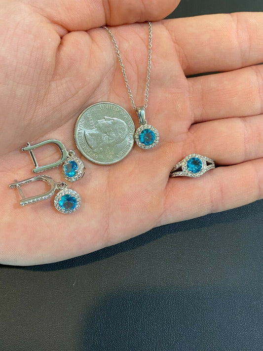 HarlemBling 925 Silver Blue Aquamarine Diamond Ring Pendant Necklace Earrings Jewelry Set