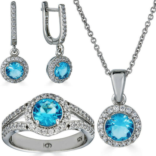 HarlemBling 925 Silver Blue Aquamarine Diamond Ring Pendant Necklace Earrings Jewelry Set