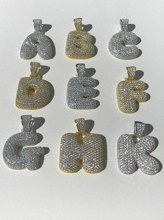 HarlemBling 925 Silver Custom Bubble Letters Initial Pendant CZ FULLY ICED A B C D E F G - Z