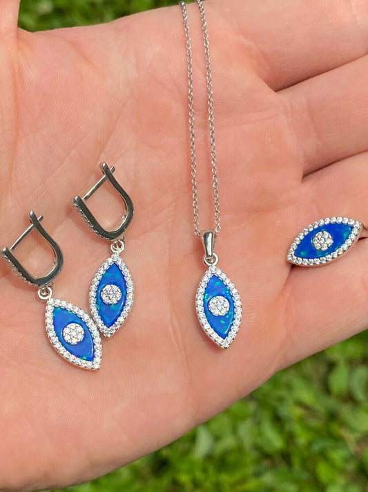 HarlemBling 925 Silver Evil Eye Blue Opal Hamsa Ring Necklace and Earrings Ladies Girls Set
