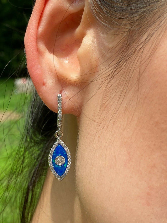 HarlemBling 925 Silver Evil Eye Blue Opal Hamsa Ring Necklace and Earrings Ladies Girls Set