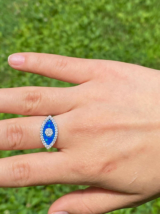 HarlemBling 925 Silver Evil Eye Blue Opal Hamsa Ring Necklace and Earrings Ladies Girls Set