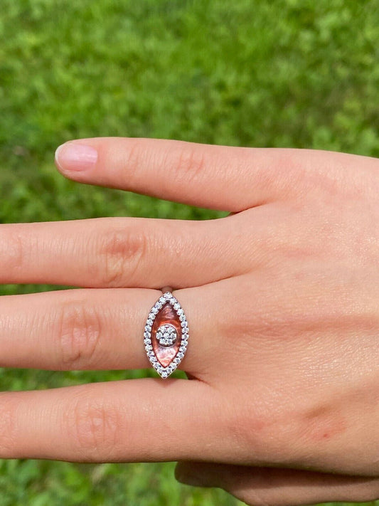 HarlemBling 925 Silver Evil Eye Diamond Pink Pearl Ring Necklace Earrings Ladies Girls Set