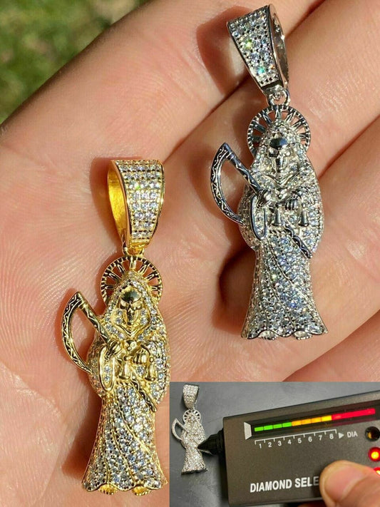 HarlemBling 925 Silver Gold Grim Reaper Pendant Necklace Real Moissanite