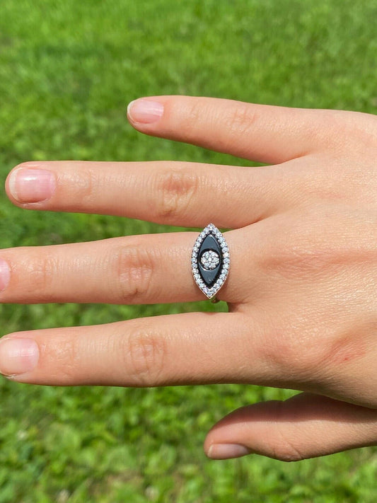 HarlemBling 925 Silver Lucky Evil Eye Diamond Black Onyx Ring Necklace Earrings Girls Set